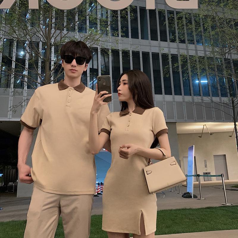 Đồ đôi nam nữ màu nude đầm form body phối cùng Áo thun polo nam