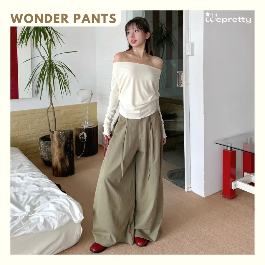 WONDER PANTS Wepretty Clothes | Quần Ống Rộng Chất Vải Dù Lạnh Nữ Trendy Cạp Cao Hợp Thời Trang Công Sở - Q13