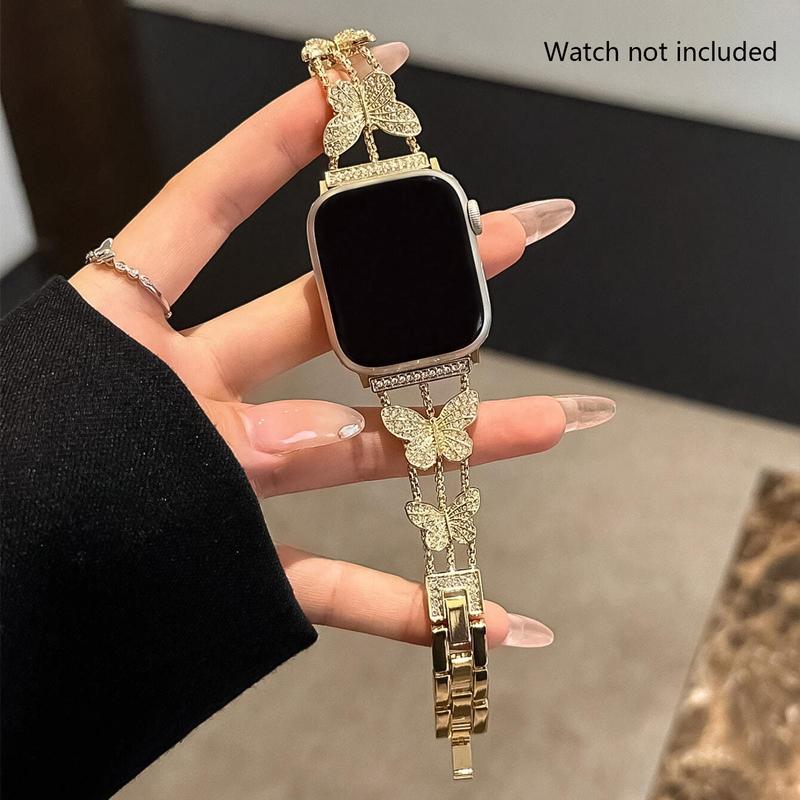 Rhinestone Butterfly Decor Watch Band, Luxury Fashion Smart Watch Band, Smartwatch Accessories Compatible with Apple Watch Series 9 8 7 6 5 4 3 2 1 SE 1