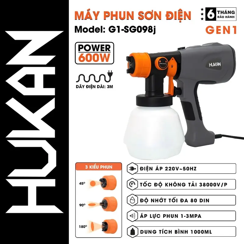 Máy phun sơn điện HUKAN G1-SG098j, 600w, Bình 1000ml, Dây điện dài 3m 0