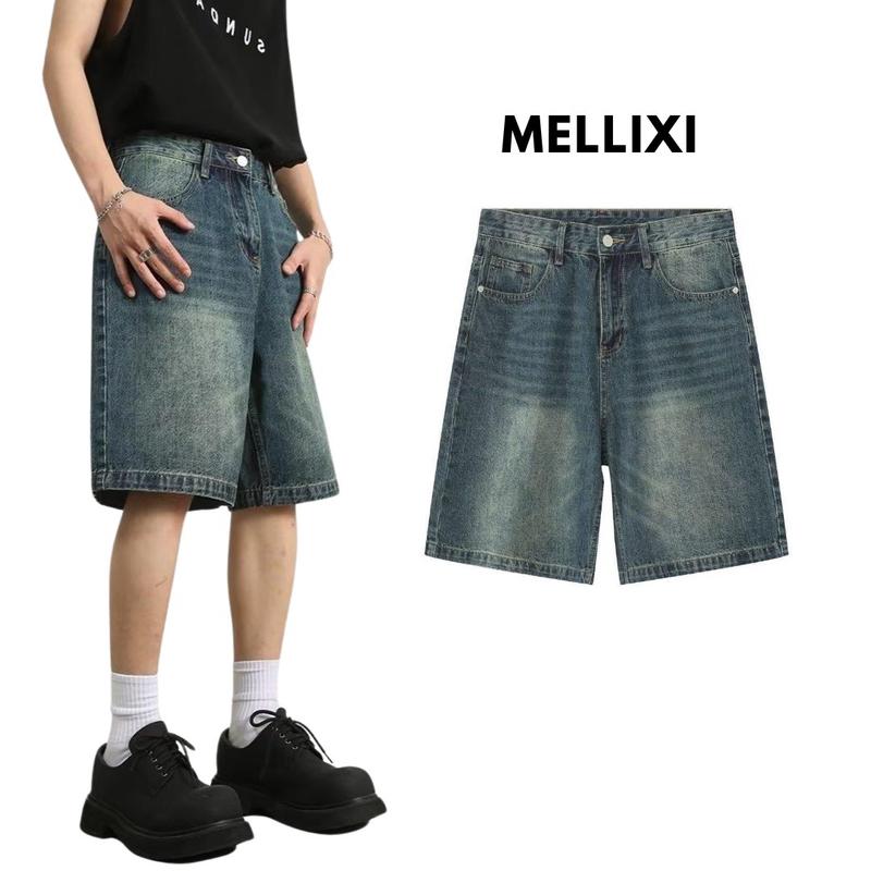  MELIXI  - Quần Short Jeans lửng wash cạp thấp ống rộng form unisex Menswear Quần Ngố Nam 