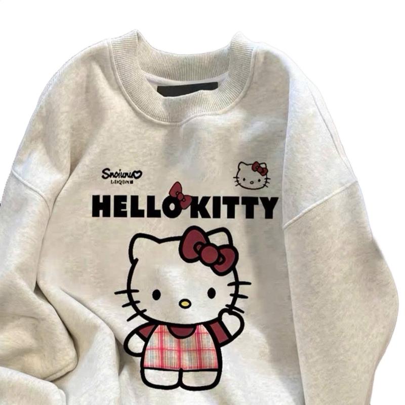 Áo nỉ zip cổ tròn cho nữ chất nỉ ngoại in Hello kitty đeo nơ đỏ Top  Hoodie Xám