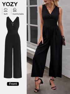 YOZY Women's Solid Criss Cross Backless Jumpsuit, Casual Comfy Sleeveless V Neck Jumpsuit for Spring & Fall, Ladies Clothes for Daily Wear