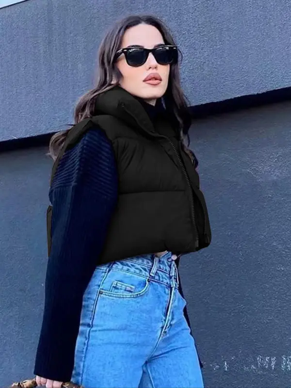 Women's Solid Drawstring Zip Up Puffer Vest, Casual Fashion Sleeveless Outerwear for Fall & Winter, Women's Clothing for Daily Wear 1