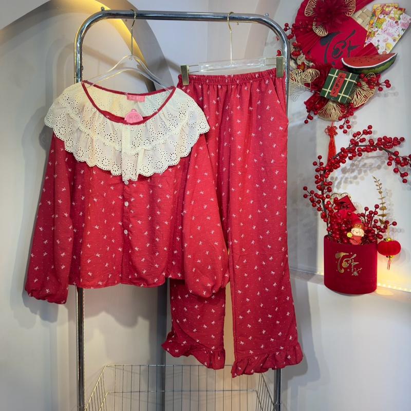 Đồ Bộ Nữ Chất Vải Đũi Hoa Nhí Đỏ , bộ pijama đũi tiểu thư , bộ ngủ thu đông freesize 40-60kg [ Tổng Hợp Mẫu ] Women Nhung Voi  Kem 4