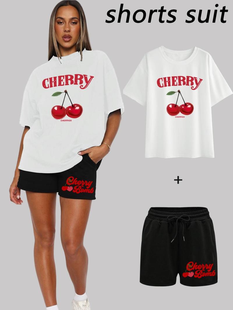 Product Introduction of Women's Cherry Print Short Sleeve T-shirt & Drawstring Waist Shorts Two-piece Set, Casual Fashion Cozy Tee & Shorts for Daily Outdoor Wear, Ladies Summer Clothes, Womenswear 2