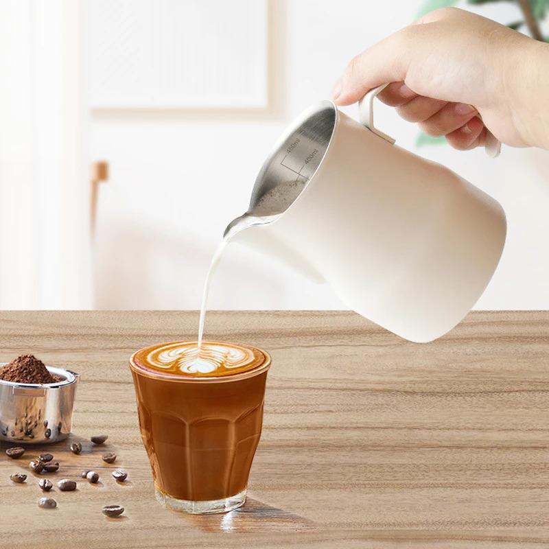 Product Introduction of Coffee Milk Frothing Pitcher Jug 304 Stainless Steel With Scale Latte Steam Coffee Paint Process Kitchen Cafe Accessories 20