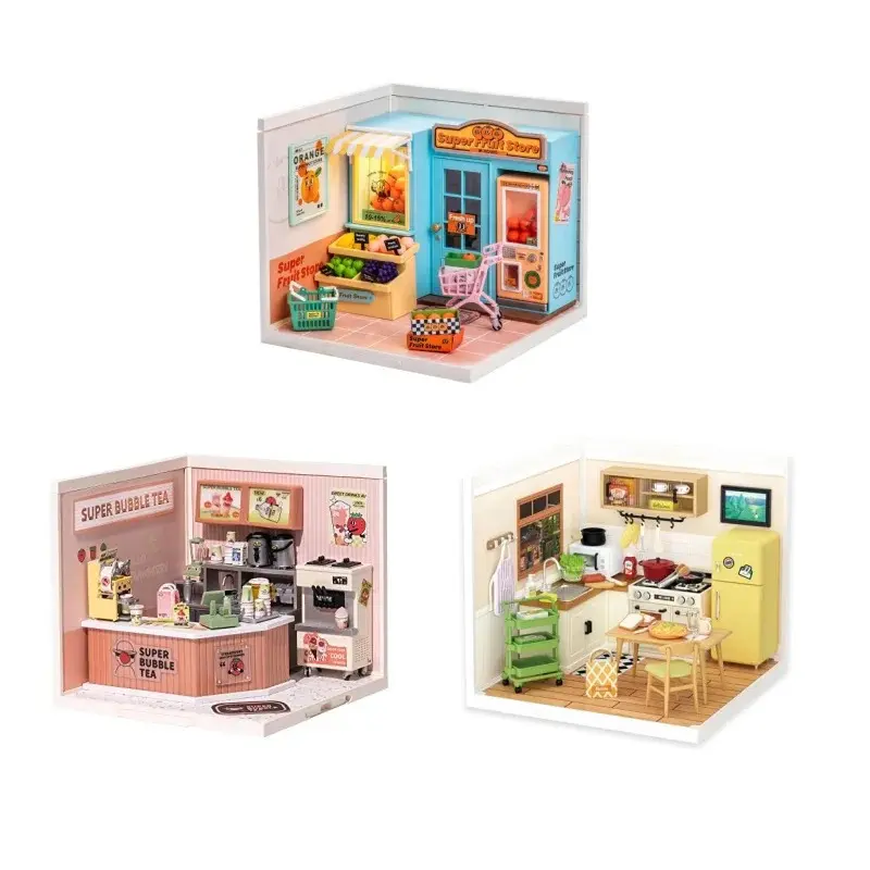 Robotime DIY Miniature Toy House Kit with Accessories Model Supply Shop Kit with LED Build Decent Birthday Gift