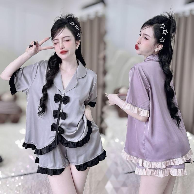  Đồ Ngủ Pyjama Tay Ngắn Quần Đùi - Mẫu Tiểu Thư Thiết Kế Nút Bọc Viền Bèo Ba Nơ Lụa Latin Bigsize 45kg - 70Kg setdomac nhaxinh bộ ngủ nữ mặc nhà 