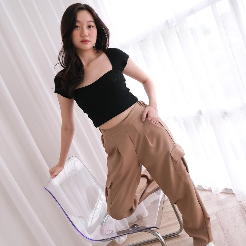 Naya Cargo Pants - Celana Panjang Wanita Cargo / High Waist /  Stretch / Karet / Kantong / Casual 2