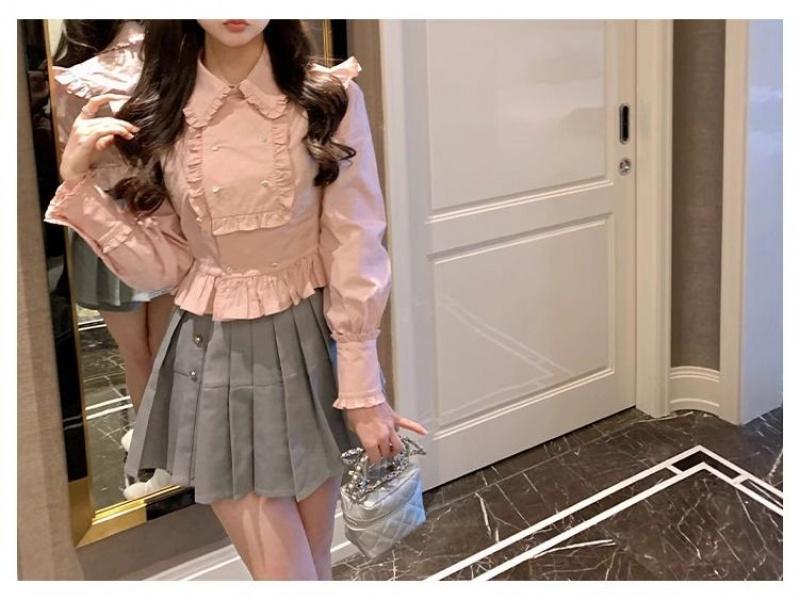 Product Introduction of Áo Sơ Mi Tay Áo, Thiết Kế Mới 2024, Thích Hợp Cho Mùa Xuân Và Mùa Thu, Phong Cách Nhẹ Nhàng Màu Hồng Ngọt Ngào Độc Đáo Cổ Peter Pan Áo Cánh Xếp Ly Dành Cho Nữ 18
