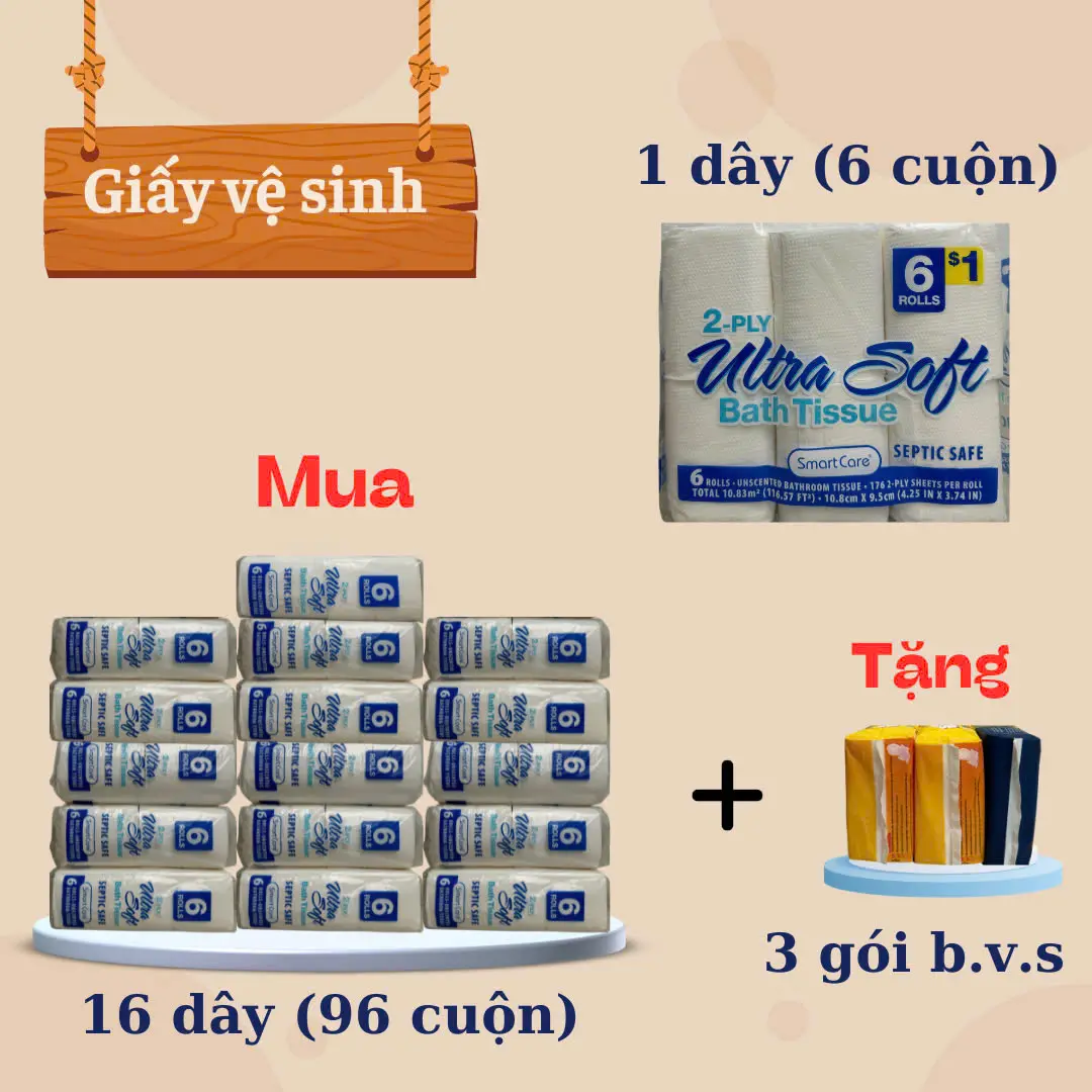 Giấy vệ sinh ULTR SOLP nk U.S.A. Combo 16 dây. 96 cuộn. Tặng combo 3 gói bvs Lolia cao cấp .