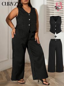 CURVZY Plus Size Autumn Aesthetic Two-Piece Set Striped Print V Neck Button Front Tank Top & Pocket Pants, Elegant Fashion Outfits for Daily Wear, Women Clothing for Summer, Travel