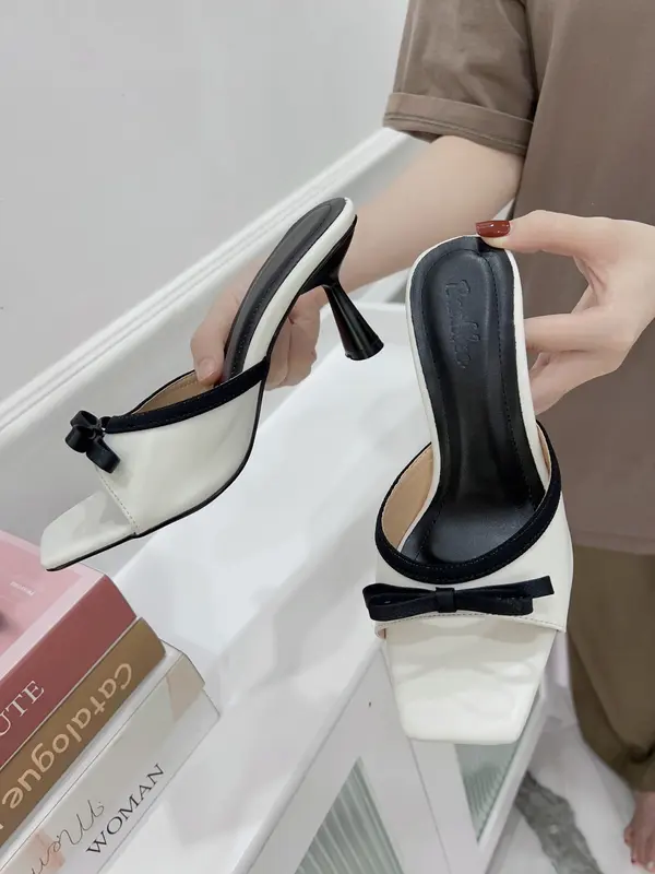Dép cap gót nơ gót mảnh 6cm và 7.5cm phối màu đơn giản nhẹ nhàng, thanh lịch - Xưởng Giày Bánh Bèo mã DepNo2T Nữ DéP Shoes 3