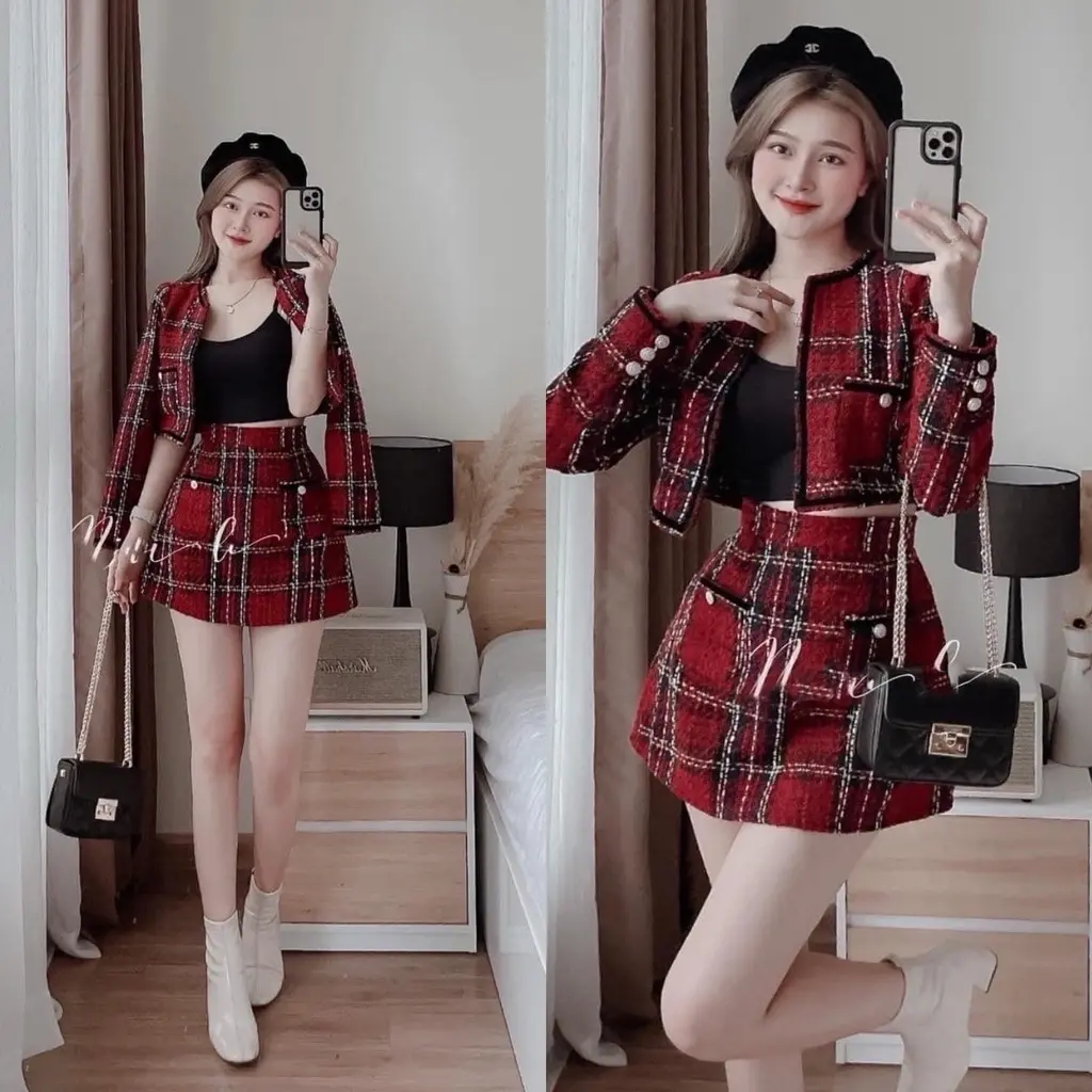 Set dạ đỏ CARO chân váy chữ A LT333