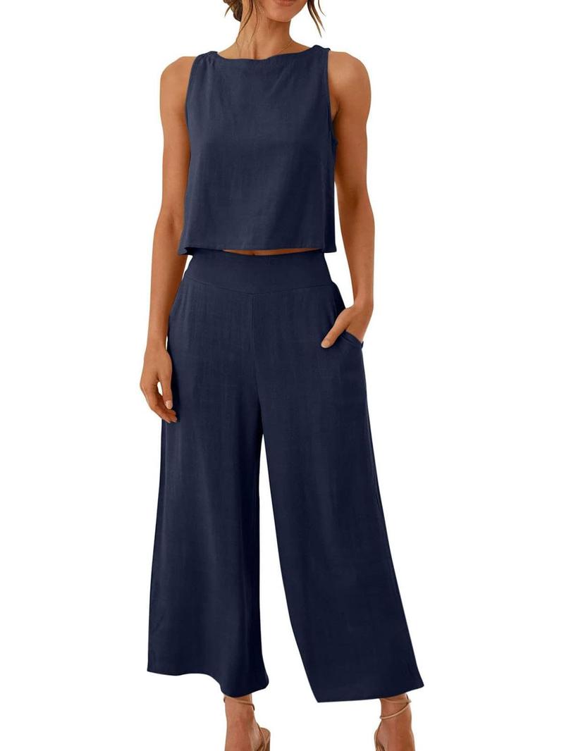 Product Introduction of Two-Piece Set Women's Solid Sleeveless Buttons Tank Top & Elastic Waist Wide Leg Capri Pants Set, Summer Outfits 2024, Casual Round Neck Top & Pocket Trousers Set for Summer, Ladies Clothes for Daily Wear 8