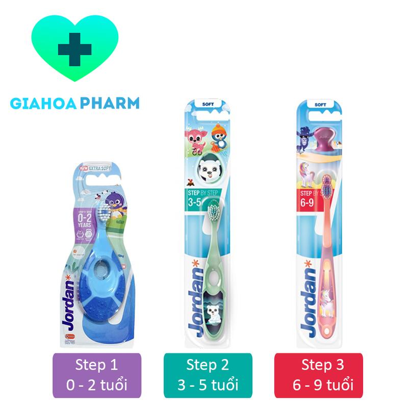  Bàn chải đánh răng trẻ em Jordan lông mềm an toàn vệ sinh em bé bước 1  0-2 tuổi  bước 2  3-5 tuổi  bước 3  6-9 tuổi  