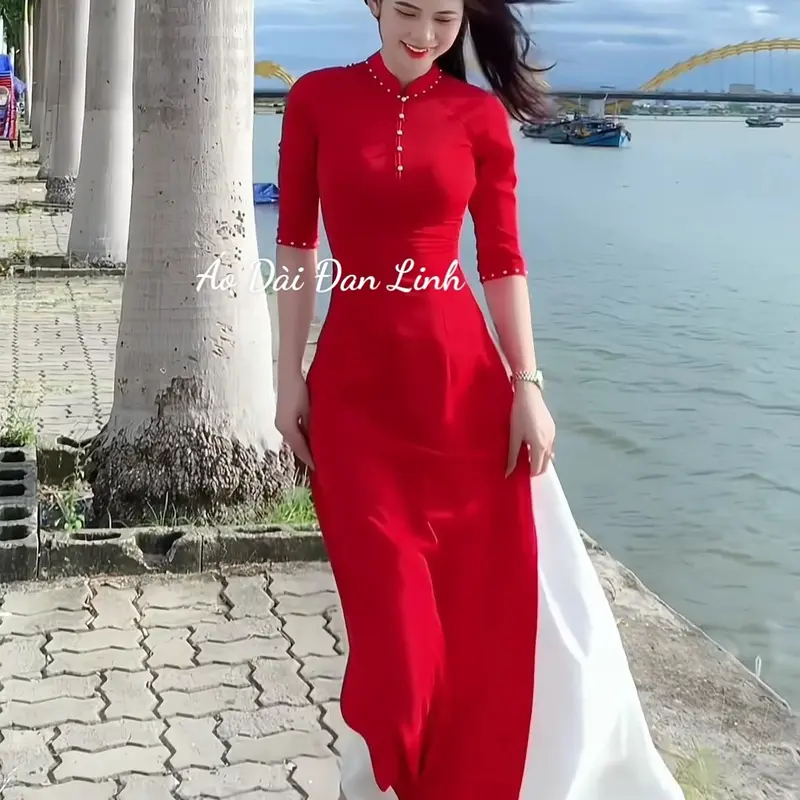 Áo dài vàng kết hoa đính ngọc trẻ trung - Áo Dài Đan Linh 6