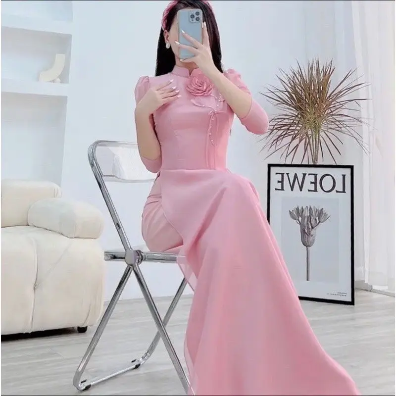 Áo dài An An - Áo dài cách tân đính hoa tay bồng. Phù hợp đi dạy học, lễ tết, chụp hình… Nữ Women Voan Dress Voi Sen Màu Hồng đen đính nơ cúc 4 tà Hoa Sen 2