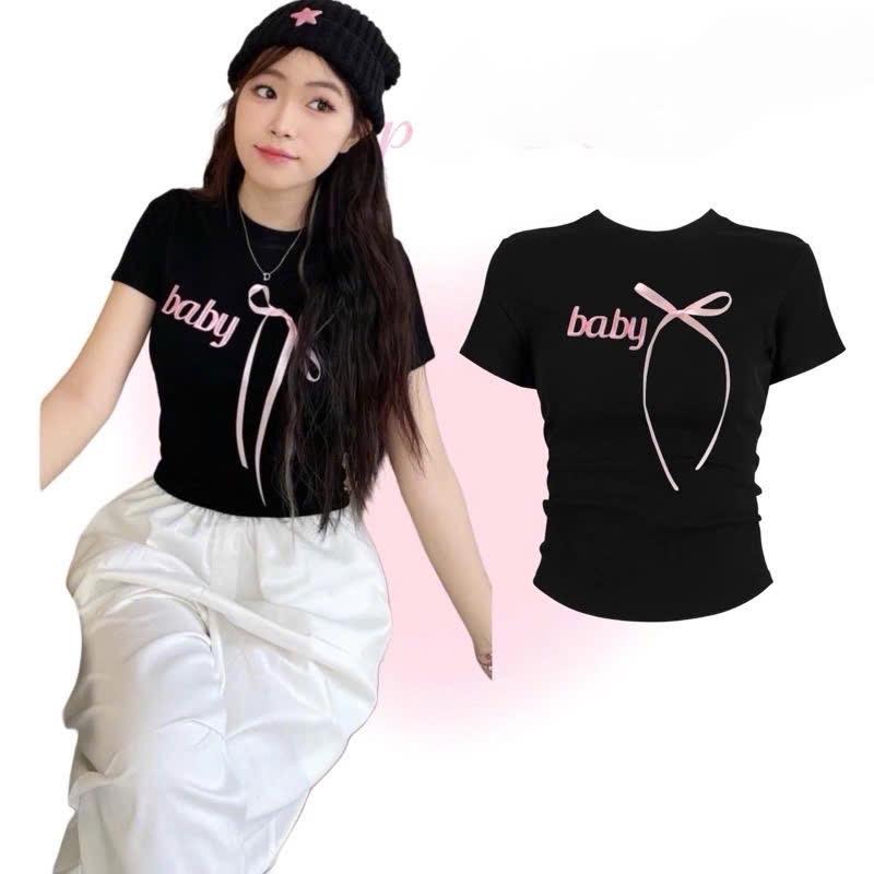 Áo thun in Baby Bigsize 45-90kg 564 đính nơ chất liệu thun tăm lạnh co giãn mát S1