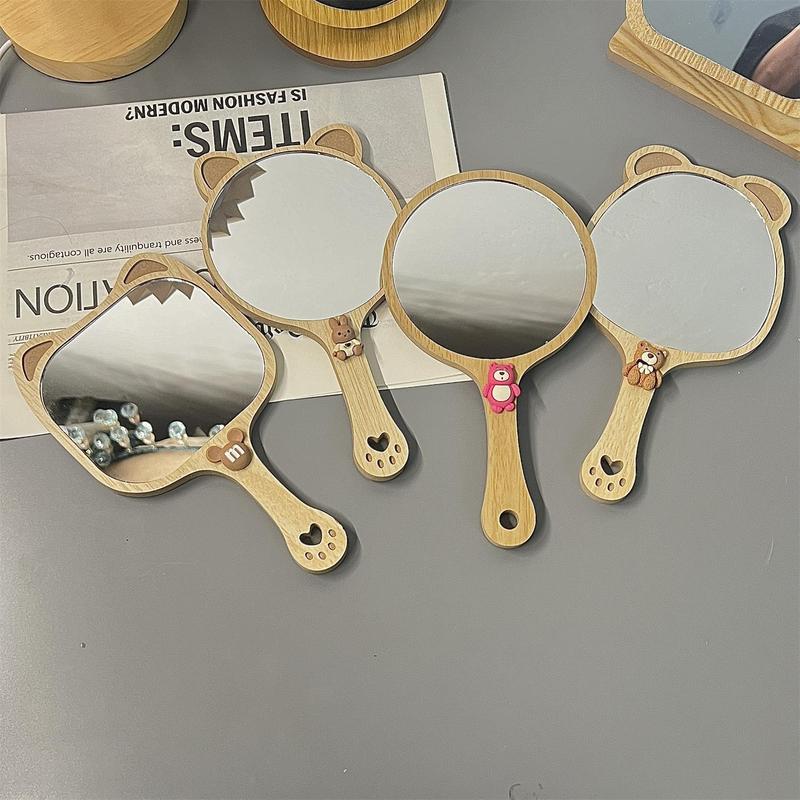 New High-end Handheld Niche Rectangular Princess Makeup Mirror with Wooden Handle, High-definition Portable Pocket Mirror 0