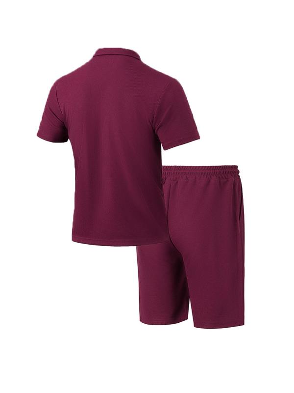 Two-Piece Set Men's Solid Color Waffle Knit Utility Shirt & Shorts, Casual Short Sleeve Collared Top & Shorts for Summer, Men's Clothes for Beach Vacation 6