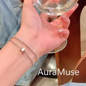 [AuraMuse] Gelang set 2 logam perak bintang berlian bergelombang untuk wanita A187