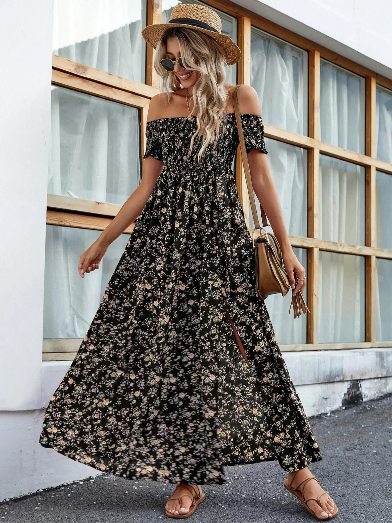 Women's Frenchy Style Boho Style Ditsy Floral Print Shirred Off Shoulder Split Thigh A Line Dress, 2024 Summer Casual Long Dress for Beach Vacation, Milkmaid Dress, Green Dress Girl, Back To School Clothes, Dresses for Women, Wedding Guest Dress