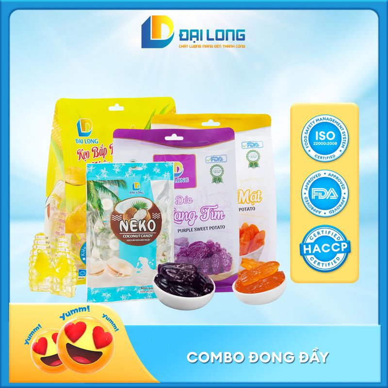 Combo ĐONG ĐẦY Đại Long gồm kẹo dẻo khoai lang, kẹo gáo dừa và kẹo bắp nhân chảy Candy Ăn Vặt Food