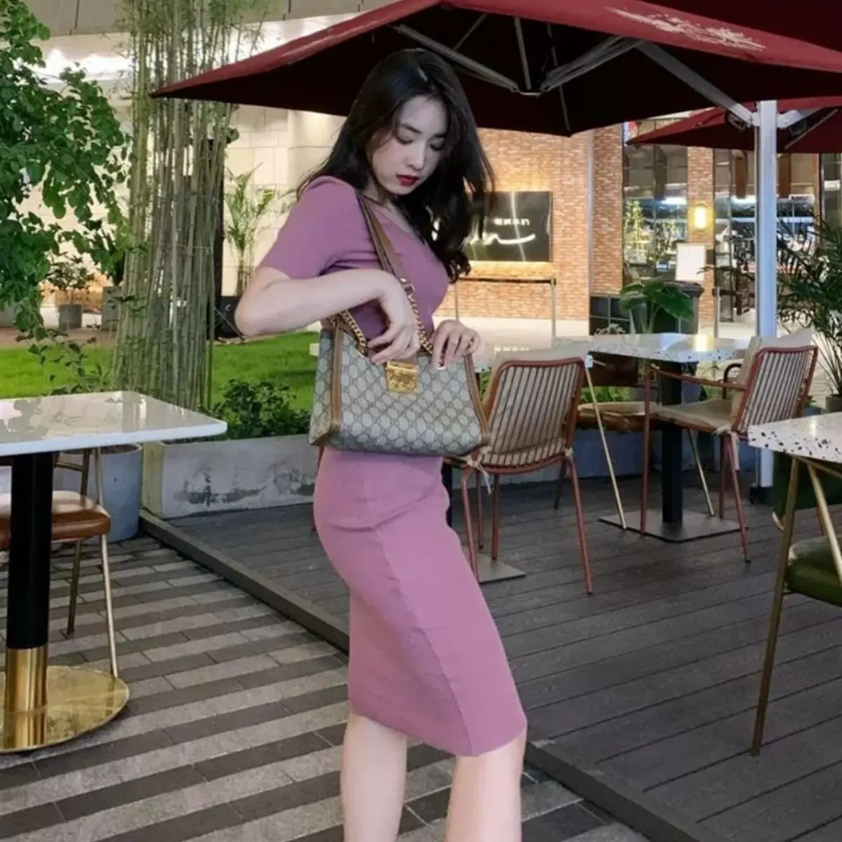 SG New Style Elegant Temperament Tight-Fitting Hip-Wrapped Sexy v-Neck Short-Sleeved Dress