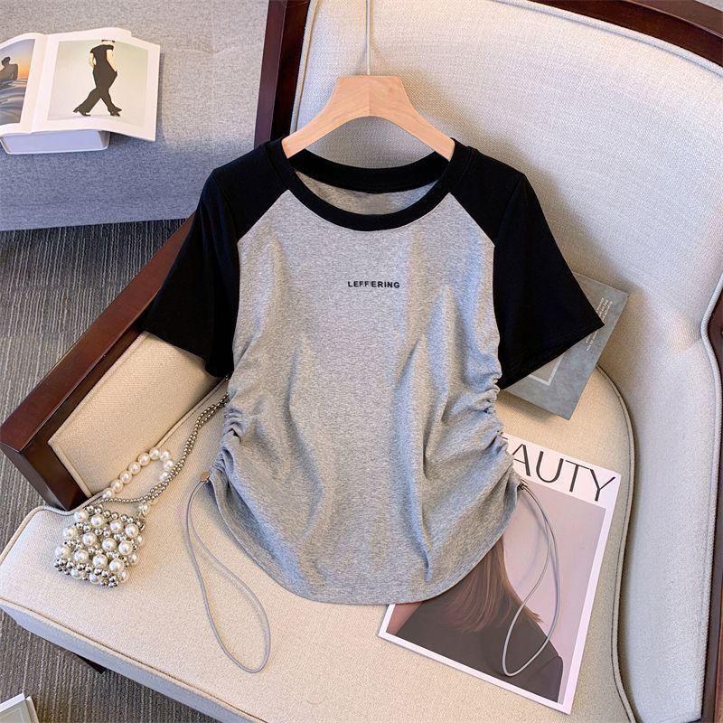 Product Introduction of Plus Size Irregular Letter Shoulder Short-Sleeved T-shirt Women's Summer New Belly Covering Short Top 14