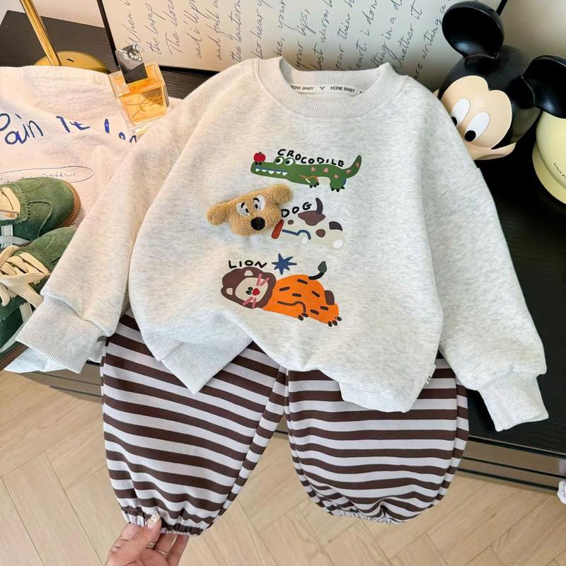   Hàng QCCC Bộ quần áo họa tiết 3D động vật sử tử cún cá sấu chất vải nỉ hai da dày dặn mix quần kẻ hàn cho bé size 9-24kg 