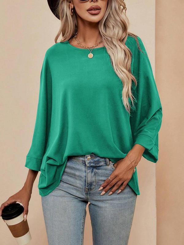 Women's Plain Batwing Sleeve Tee, Casual Elegant Regular Fit Solid Round Neck T-shirt for Daily Wear, Ladies Clothes for All Seasons 6