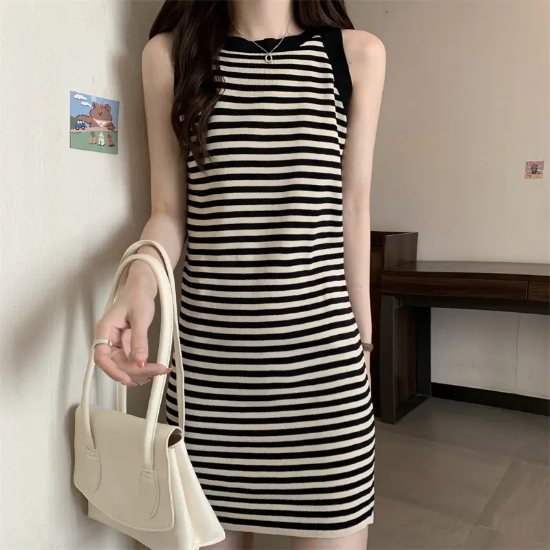 [New Fan Benefits & Free Shipping] Stylish Slim Fit Knitted Vest Dress 2025 Summer Striped Halter Neck Dress for Women. Trendy Casual Sleeveless Design in Red, White, and Black.Polyester