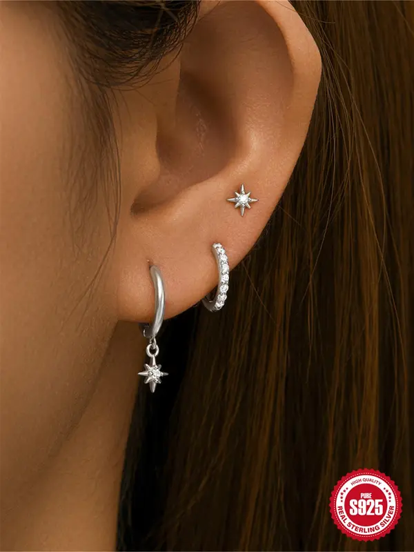 925 Sterling Silver Star Design Hoop Earrings & Stud Earrings, Fashionable Earrings for Women & Girls, Trendy All-match & Exquisite Jewelry for Birthday Gift 3