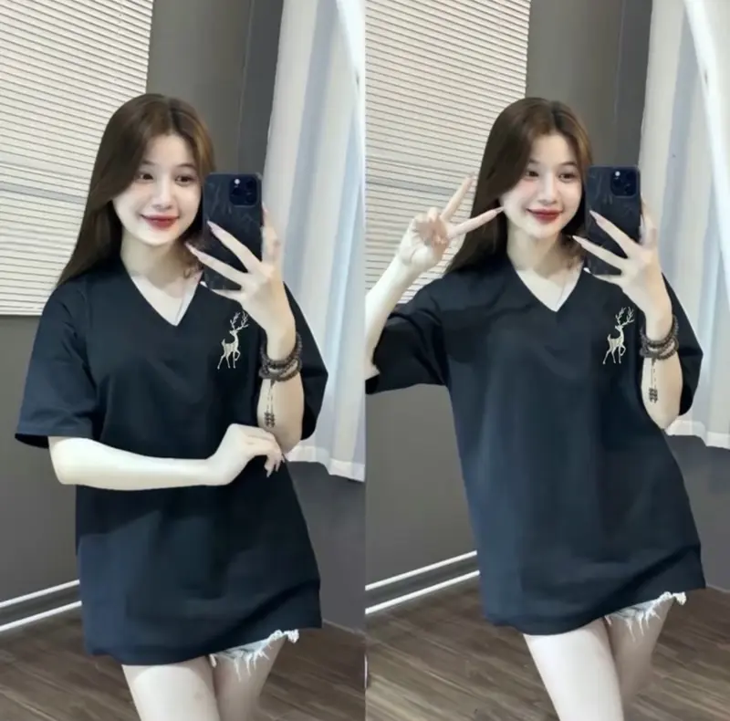 [Mua 3 áo tặng 1 áo] Áo Phông Cổ Tim thêu hươu Form Rộng Tay Lỡ Cotton Khô 1358 QC 1