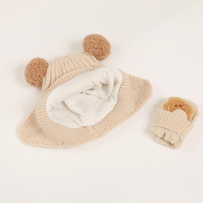 Product Introduction of 2 Pair Bear Baby Hat Gloves Set Knit Thick Warm Beanies Toddler Boy Girl Hats Bonnet Ear Protection Hats 7