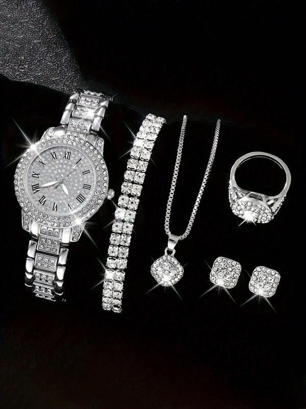 Women's Elegant Rhinestone Decorated Quartz Watch & Jewelry Set, Including Round Dial Watch & Bracelet & Ring & Pendant Necklace & Stud Earrings, Fashion Watch Set for Party, Daily Decor, without Box 0