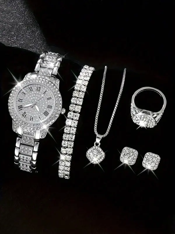 Women's Elegant Rhinestone Decorated Quartz Watch & Jewelry Set, Including Round Dial Watch & Bracelet & Ring & Pendant Necklace & Stud Earrings, Fashion Watch Set for Party, Daily Decor, without Box 0