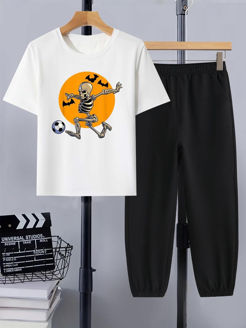 Product Introduction of Two-Piece Set Boy's  Skeleton Print Tee & Elastic Waist Pants Set, Casual Short Sleeve Round Neck T-shirt & Pocket Trousers, Kids Summer Clothes 1