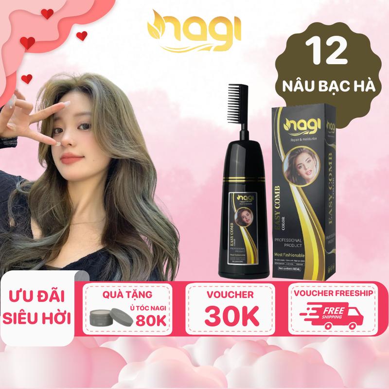 Dầu gội nhuộm tóc thảo dược Nagi màu 12 Nâu Bạc Hà chai 400ml