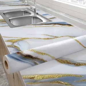 wallpaper dinding dapur 60cm x 6m motif marmer putih corak emas, anti minyak & air, tahan panas, ada lem, self adhesive, mudah dibersihkan, untuk area kompor & wastafel