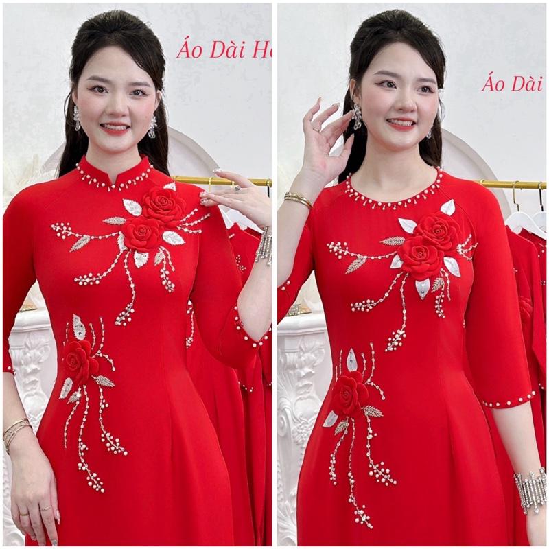 HD Áo Dài Tặng Mẹ Thêu Hoa Lụa. Đính Kết Ngọc Trai. Vải Lụa Mỹ Cao Cấp Dress áodài các Sen Đỏ