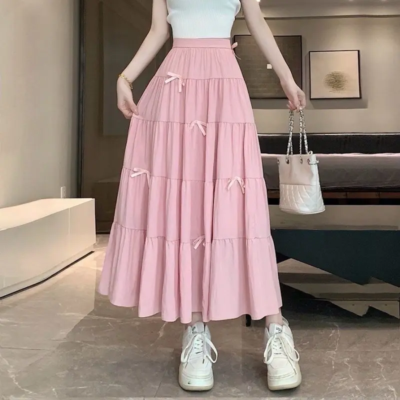 CHÂN VÁY Nữ Women XOÈ DÀI XẾP LY ĐÍNH NƠ, CHÂN VÂY CHE KHUYẾT ĐIỂM, CHÂN VÁY MIDI mini maxi Kem