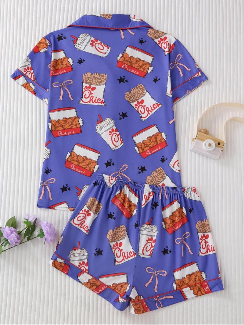 Product Introduction of Women's Fried Chicken Print Shirt & Shorts Pyjama Two-piece Set, Casual Comfy Short Sleeve Collared Top & Shorts Pj Set, Ladies Sleepwear for All Seasons, Pyjamas for Women 9