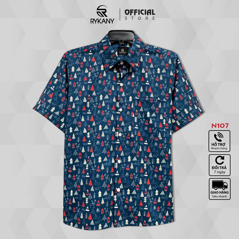 Áo sơ mi nam có 1 túi, vạt ngang, tay ngắn, hoạ tiết cây thông, co giãn, thoáng mát, hoa văn khớp hình khi mặc (N107)