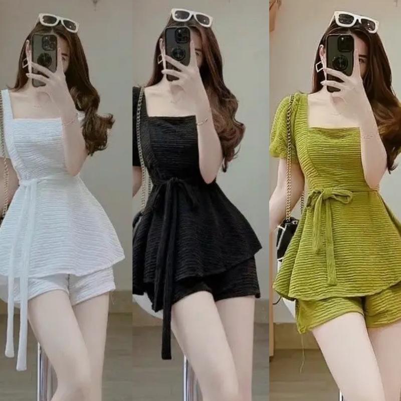  Set Bộ Thun Xốp Thiết Kế Thời Trang Bigsize Nữ Cổ Vuông Cột Dây Set Quần Áo Xinh Đẹp Feesize 50-95kg Ennhocobigsize Top Màu Xanh Women Màu Trắng - 1051 