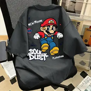 Kaos Lengan Pendek Motif Kartun Mario Trendi, 100% Katun, Longgar, Ukuran Besar, Atasan Leher Bulat, Unisex