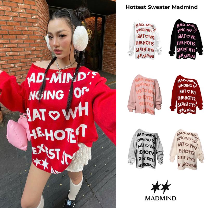 Áo Nữ Trễ Vai Dài Tay Form Oversize Hottest Sweater MADMIND - Áo Lệch Vai 1 Bên Màu Đen / Trắng/ Xám / Hồng/ Đỏ/ Be