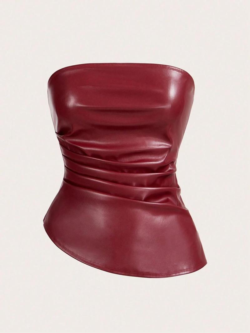 Product Introduction of Women's Solid Color PU Leather Tube Top, Fashionable Asymmetrical Hem Top for Daily Outdoor Wear, Ladies Clothes for Summer 1